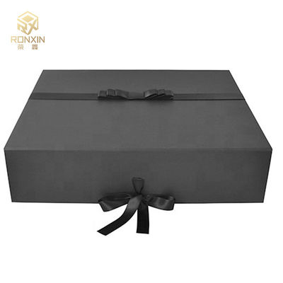 Luxury Rectangular Paperboard Foldable Gift Boxes With Ribbon Black